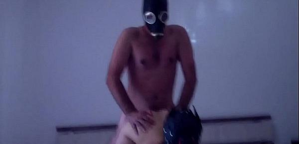  Doggy and gas masks fun in black opaque stockings